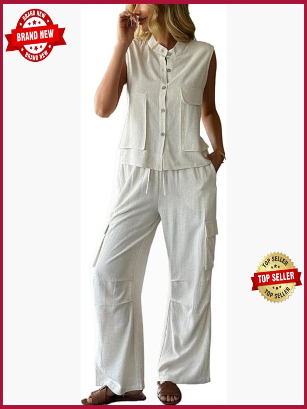Linen 2 Piece Wide Leg Cargo Pant Set Sleeveless Vest Top Tracksuit Vacation